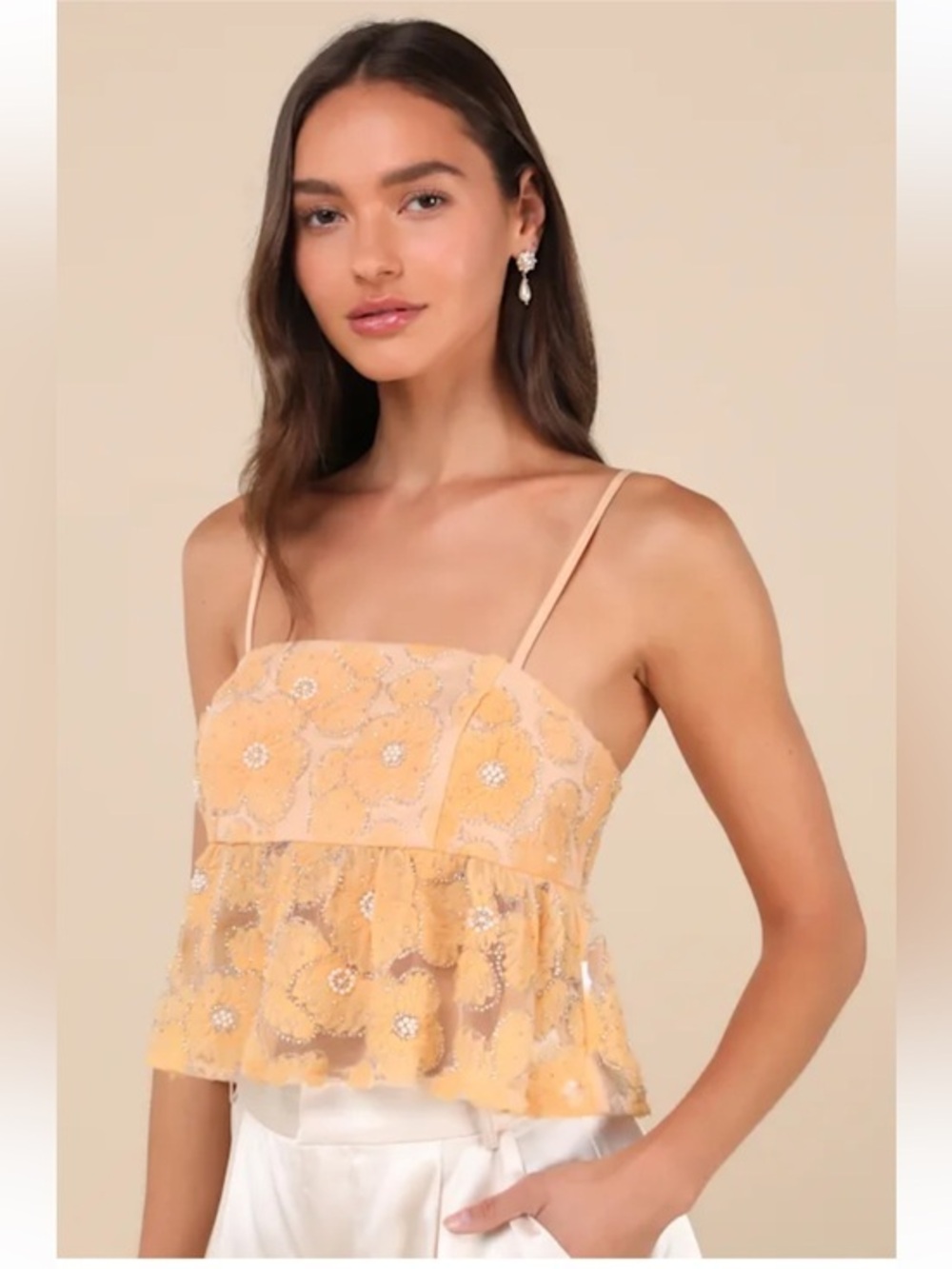 NWT Lulus Ideal Attitude Yellow Applique Beaded Floral Cropped Tank Top